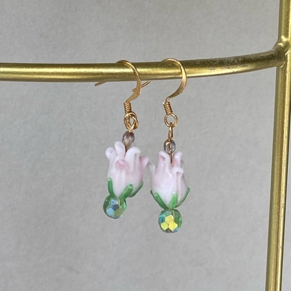 Pink Lilac Glass Crystal/Gold Plated Earrings
